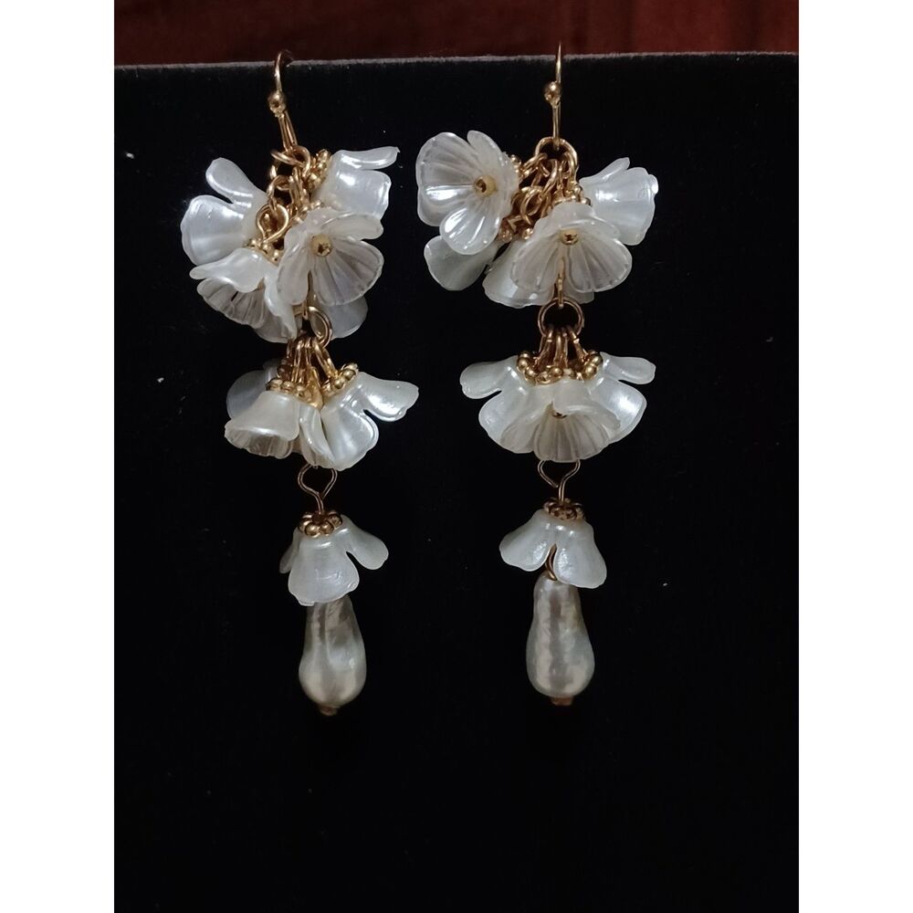 Gold-Toned White Floral & Faux Pearl Drop Earrings